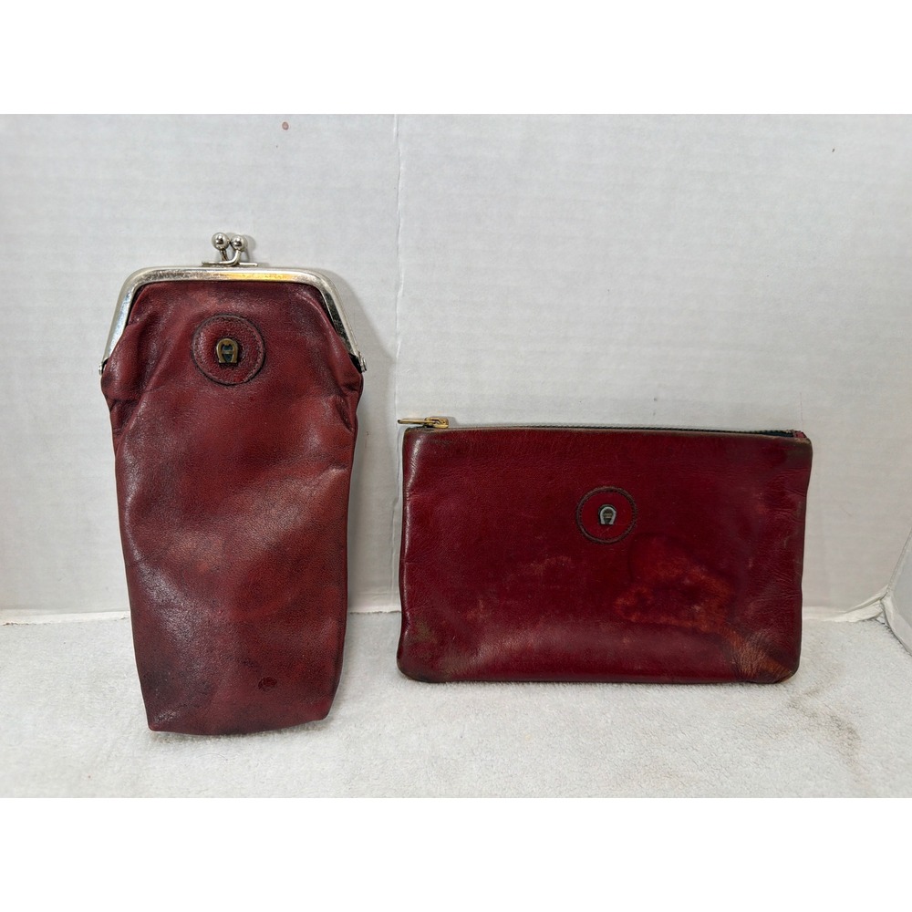Vintage 70s Etienne Aigner Pouch Set Burgundy Leather Kiss Lock Zipper READ